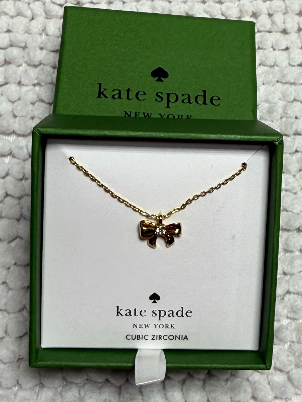 Kate Spade Gold Tone Bow Pendant Necklace Clear CZ Cubic Zirconia NIB